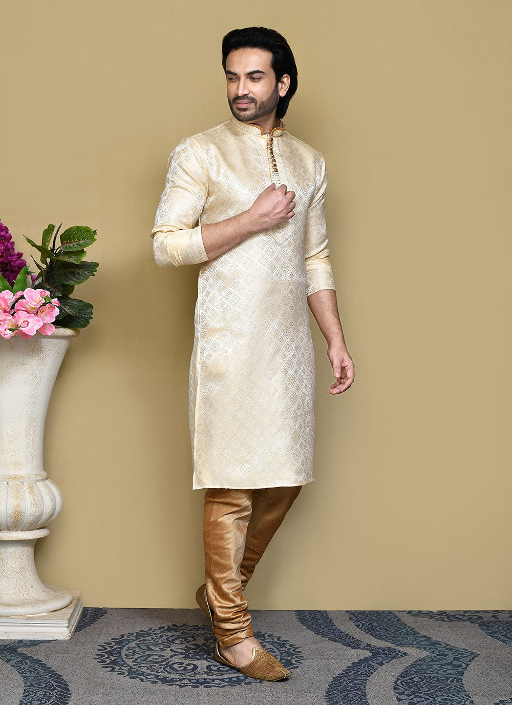 Resham Art Silk Cream Kurta Pyjama - M7838