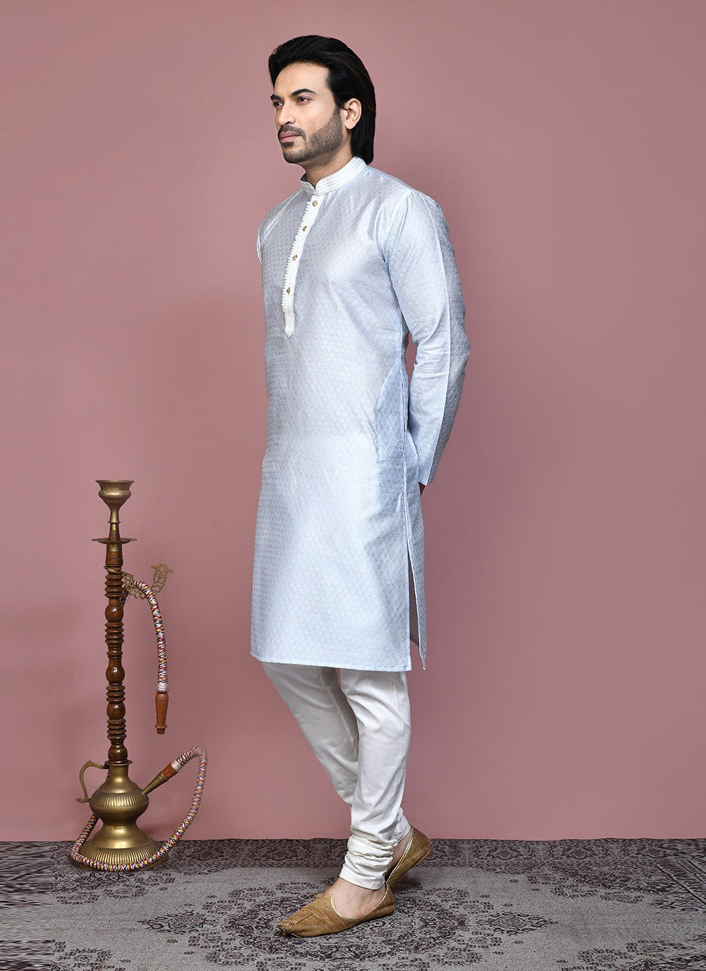 Resham Art Silk Grey Kurta Pyjama - M7867