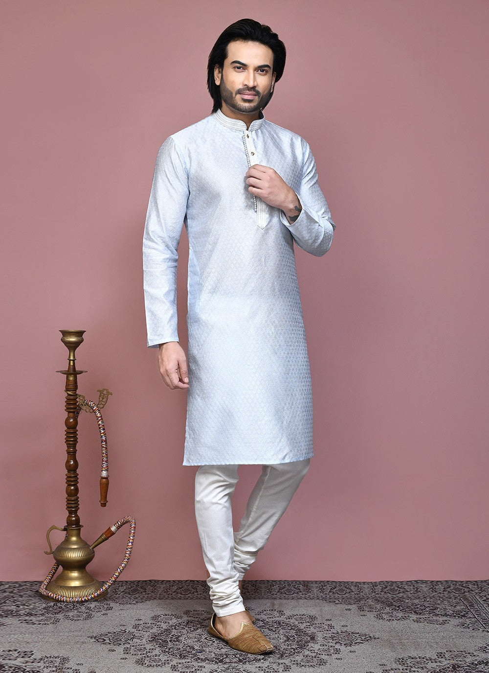 Resham Art Silk Grey Kurta Pyjama - M7867