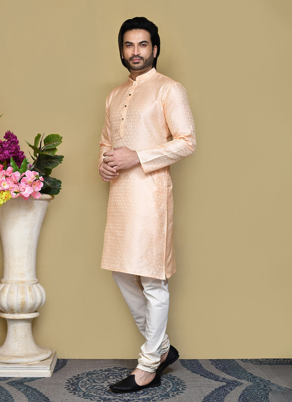 Woven Art Silk Peach Kurta Pyjama - M7828