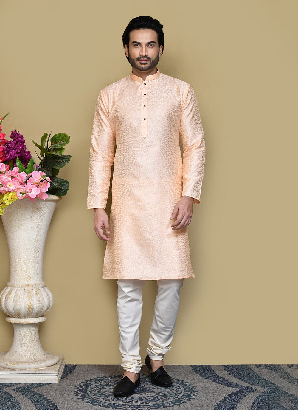 Woven Art Silk Peach Kurta Pyjama - M7828