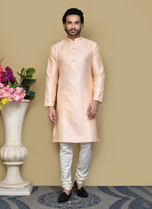 Woven Art Silk Peach Kurta Pyjama - M7828