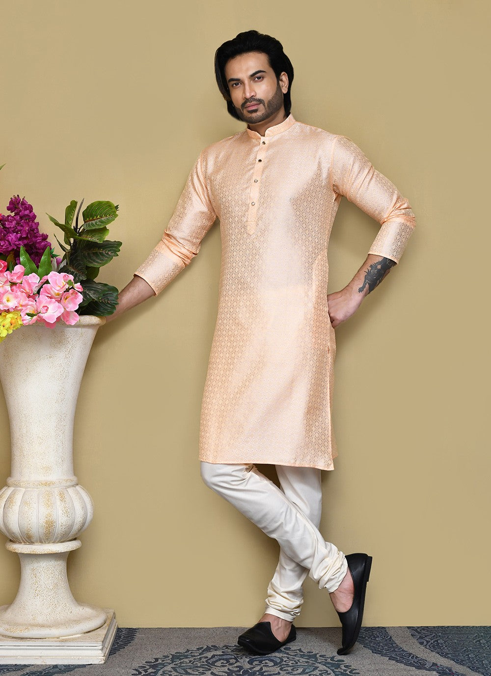 Woven Art Silk Peach Kurta Pyjama - M7828