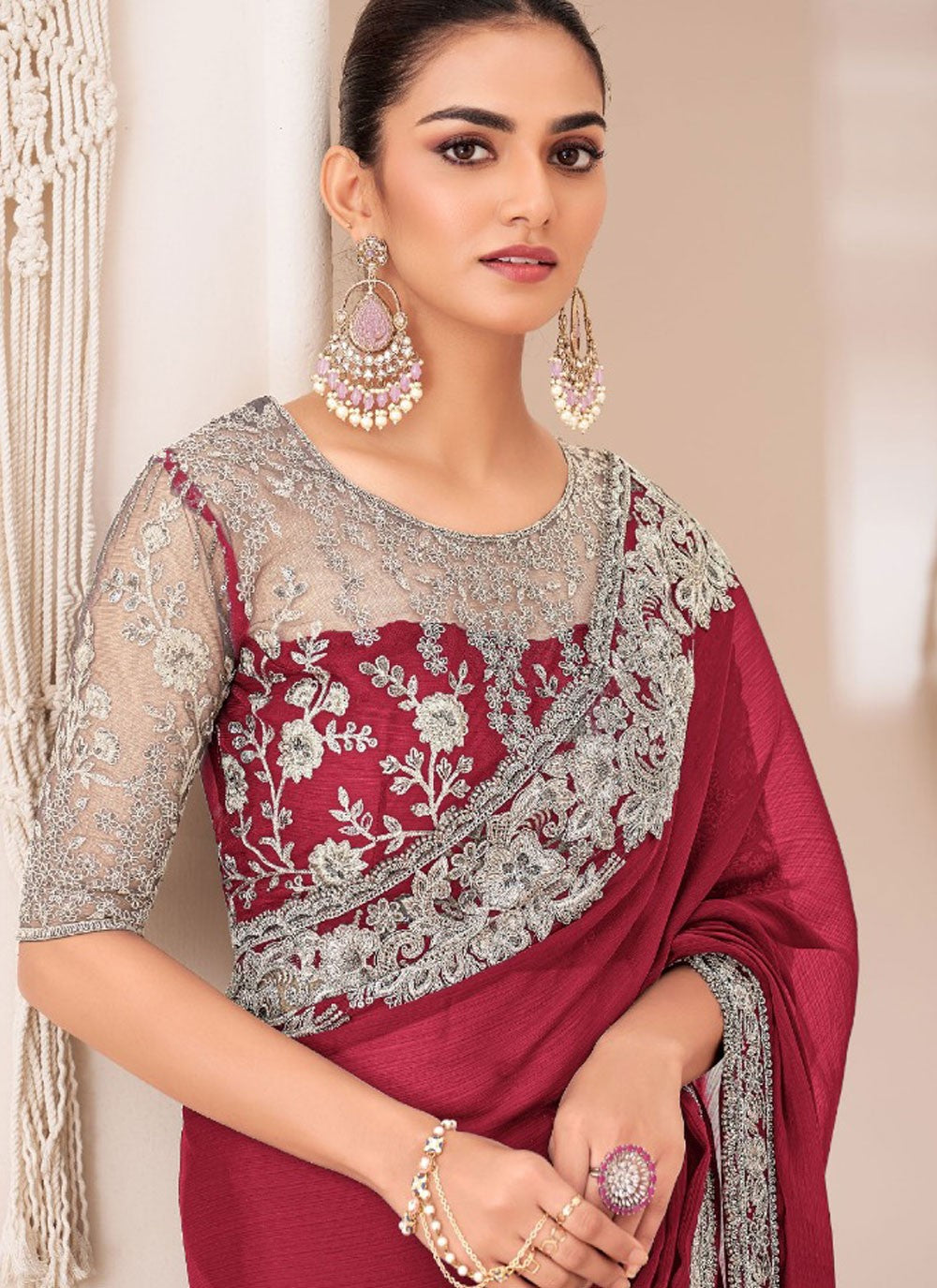 Embroidered, Lace Chiffon Saree - S11765