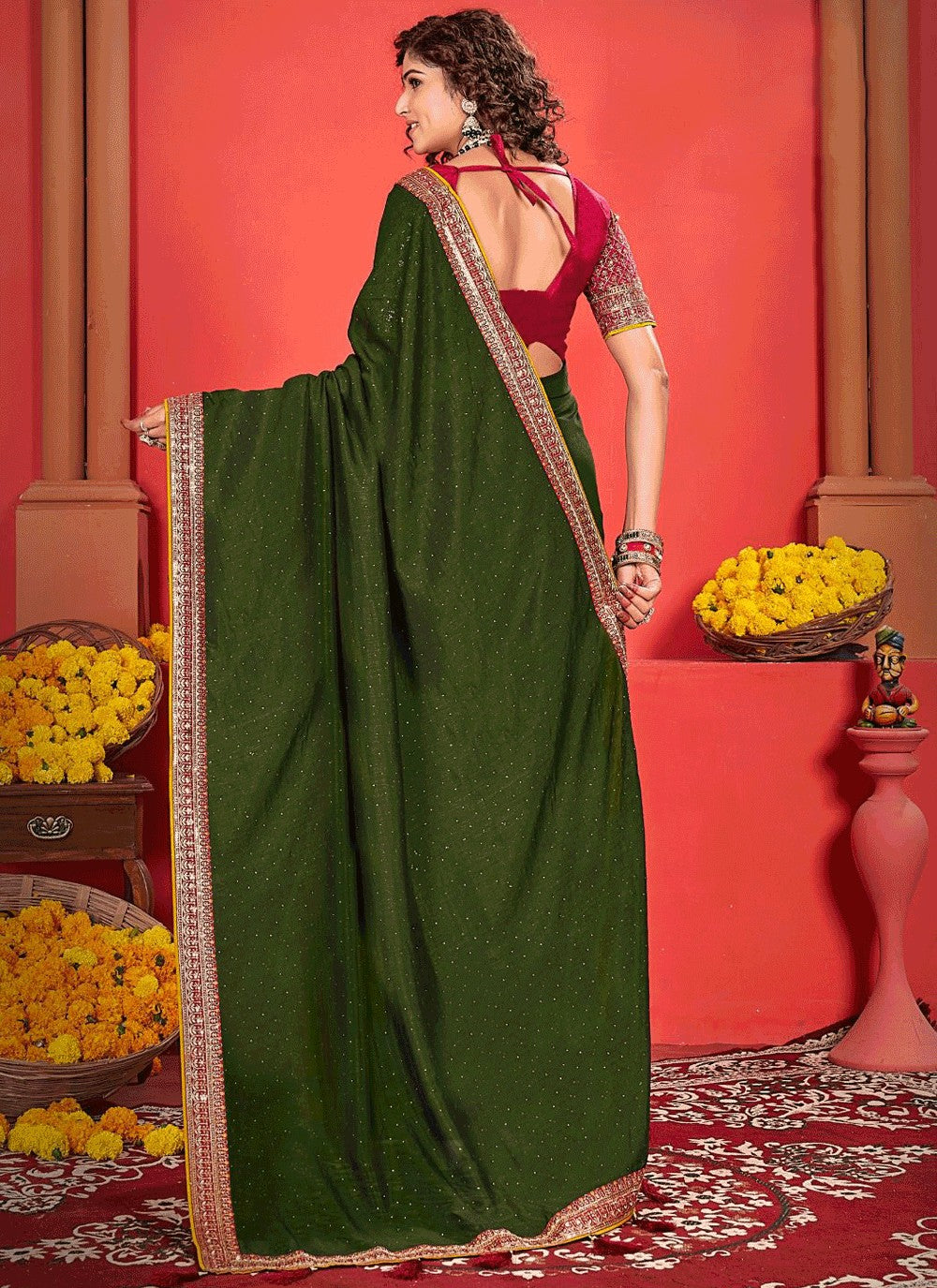 Traditional Border Work Vichitra Silk Purple Saree - S10963