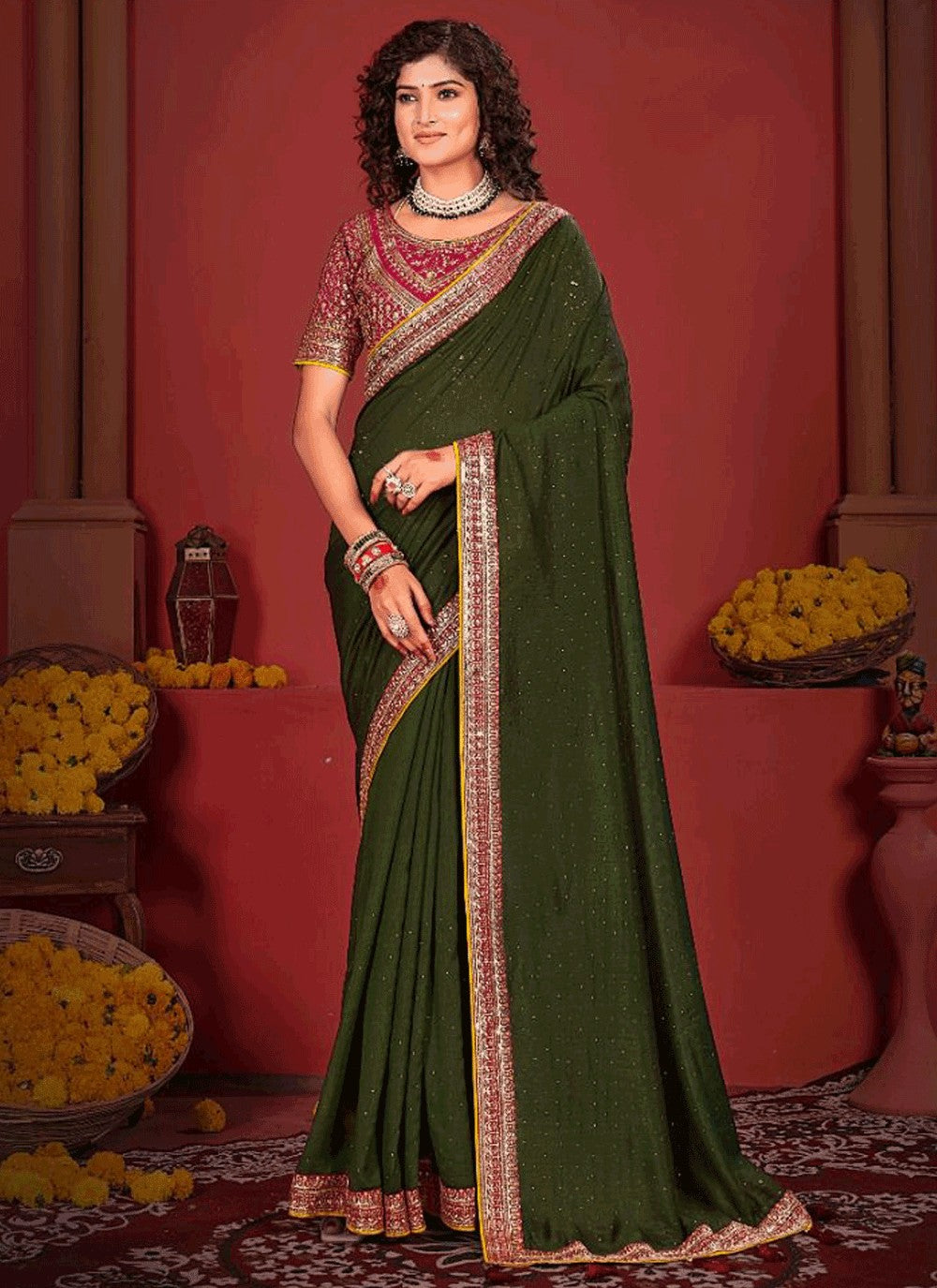 Traditional Border Work Vichitra Silk Purple Saree - S10963