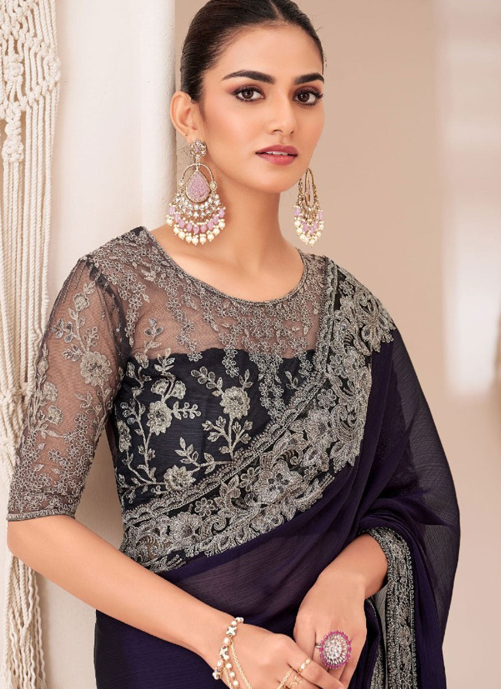 Embroidered, Lace Chiffon Saree - S11765