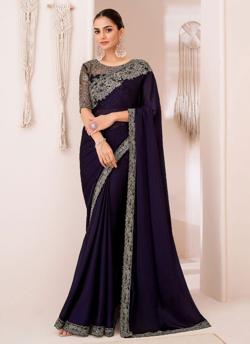 Embroidered, Lace Chiffon Saree - S11765