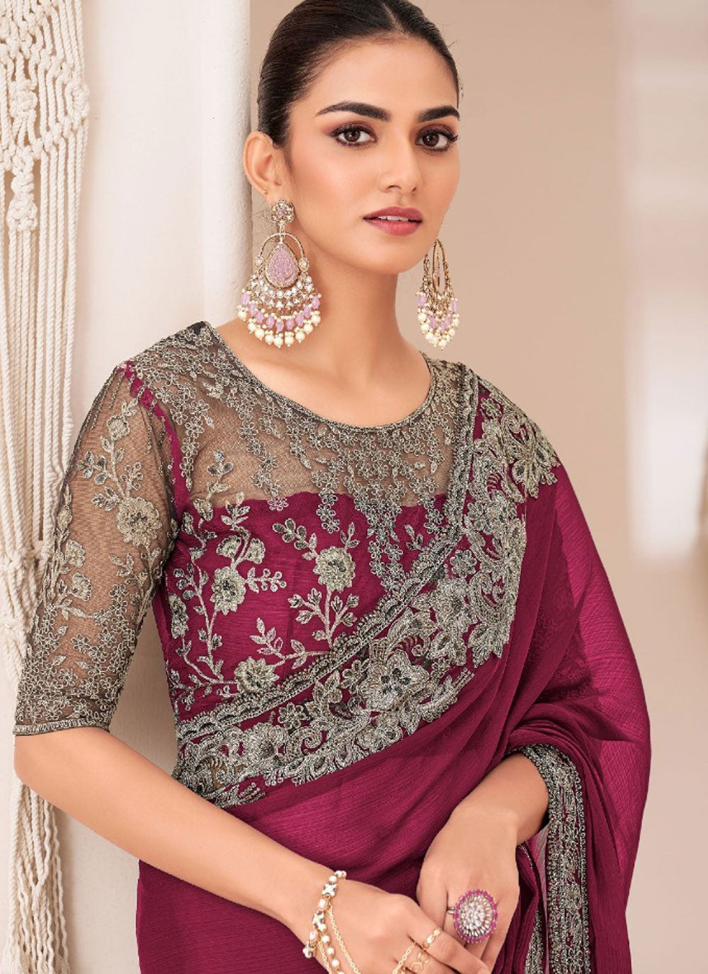 Embroidered, Lace Chiffon Saree - S11765