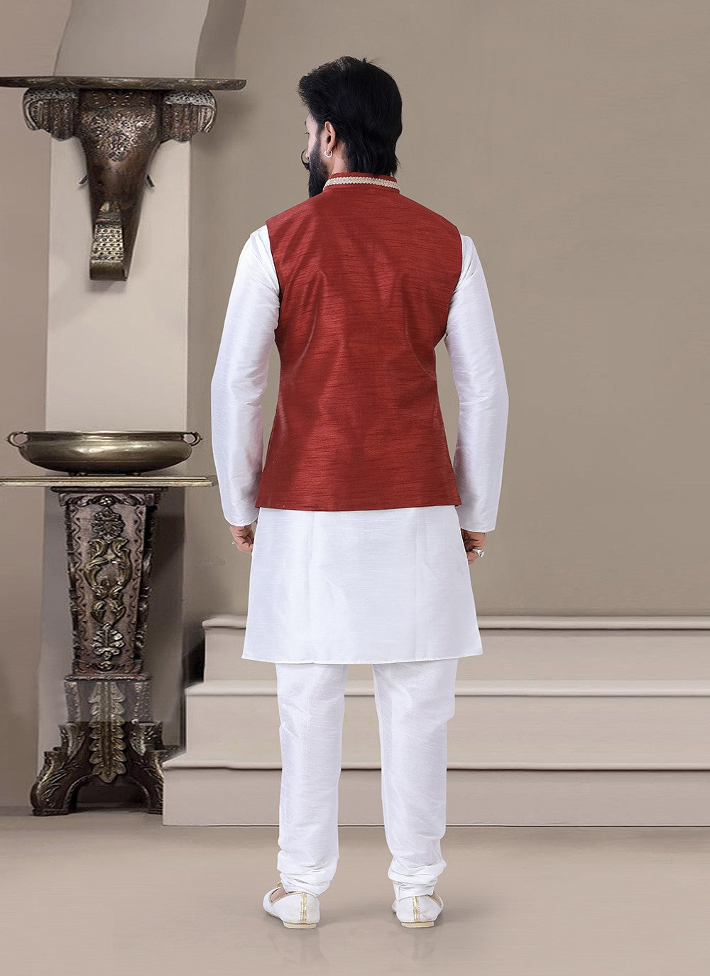 Lace Silk Red, White Kurta Payjama With Jacket - M3475