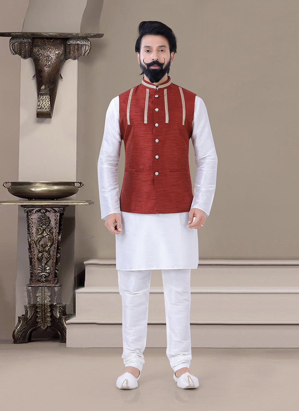 Lace Silk Red, White Kurta Payjama With Jacket - M3475