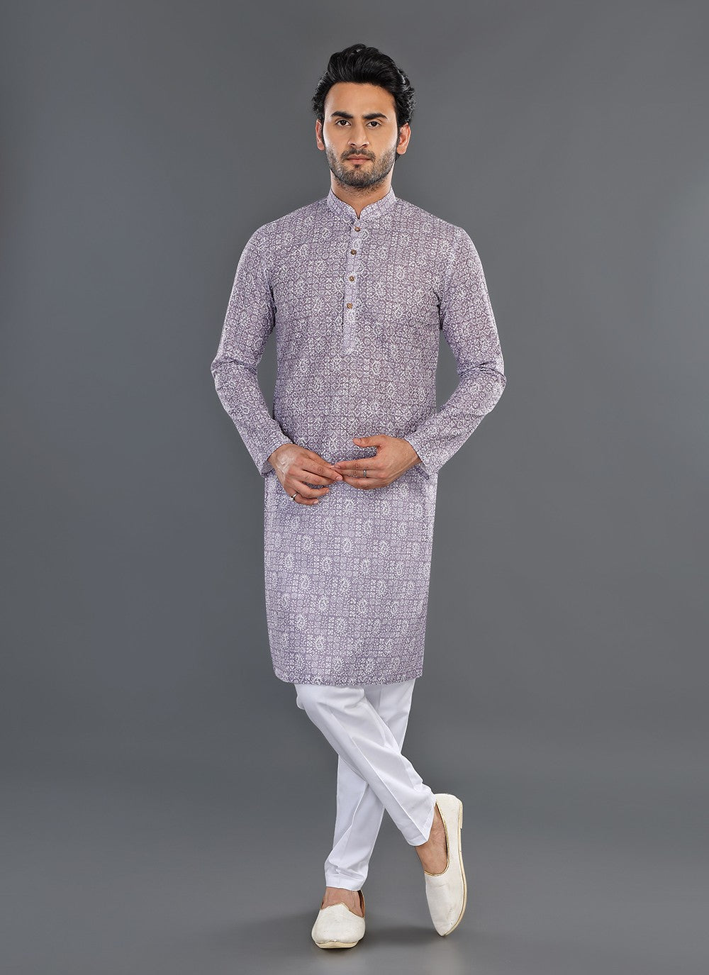 Printed Cotton Lavender, Off White Kurta Pyjama - M8084