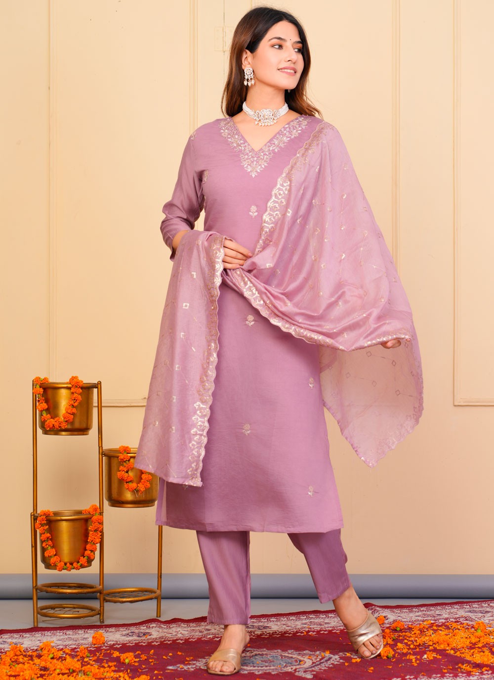 Embroidered Chanderi Pant Style Suit - T4854