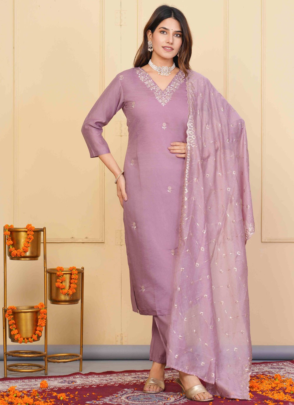 Embroidered Chanderi Pant Style Suit - T4854