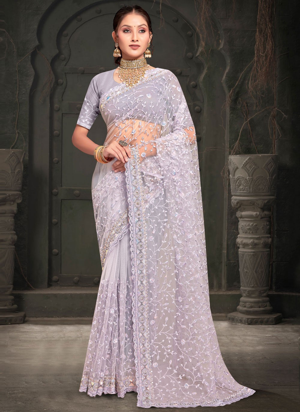 Classic Embroidered Net Saree - S7952