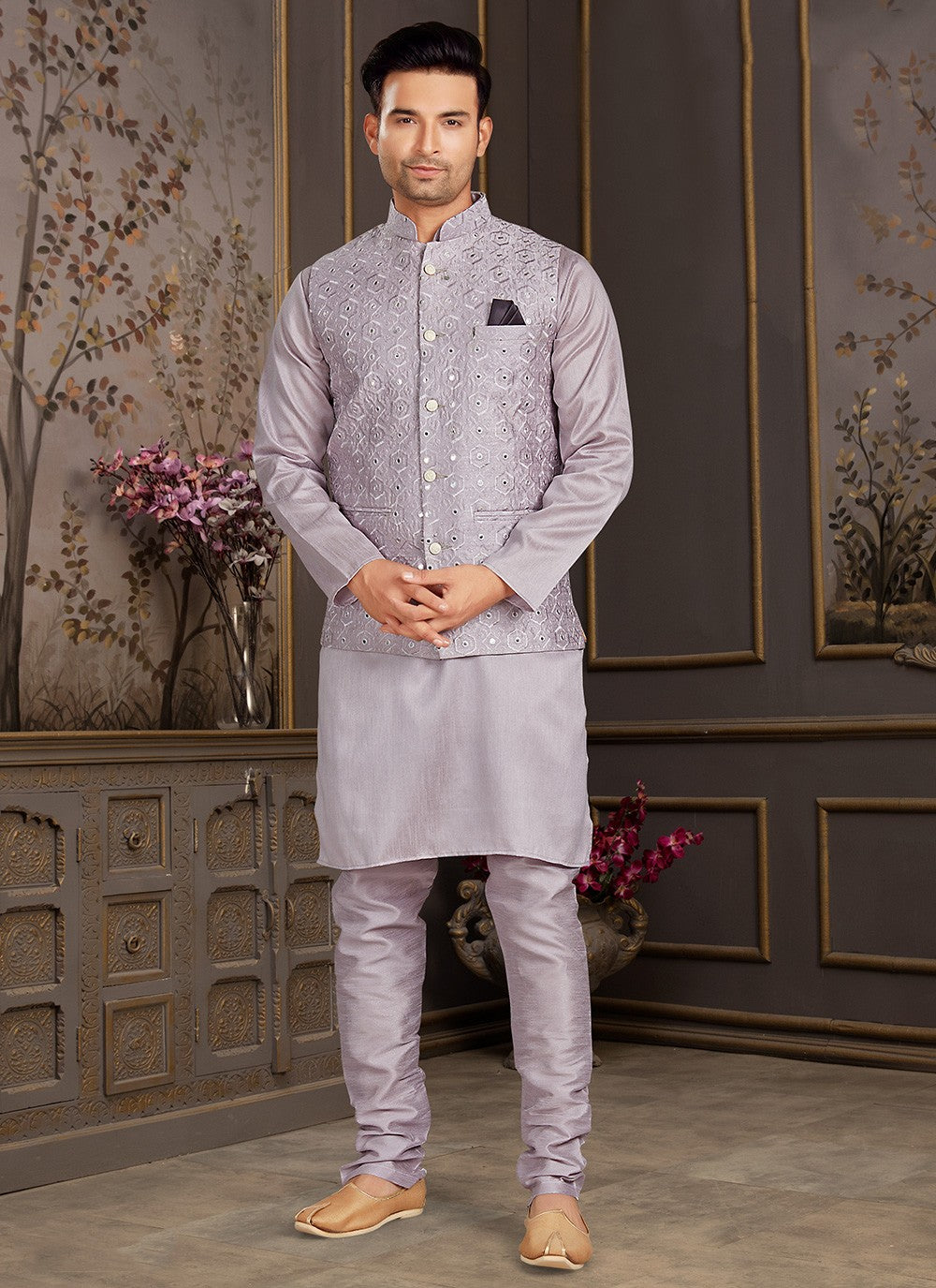 Mirror Silk Lavender Kurta Payjama With Jacket - M3403