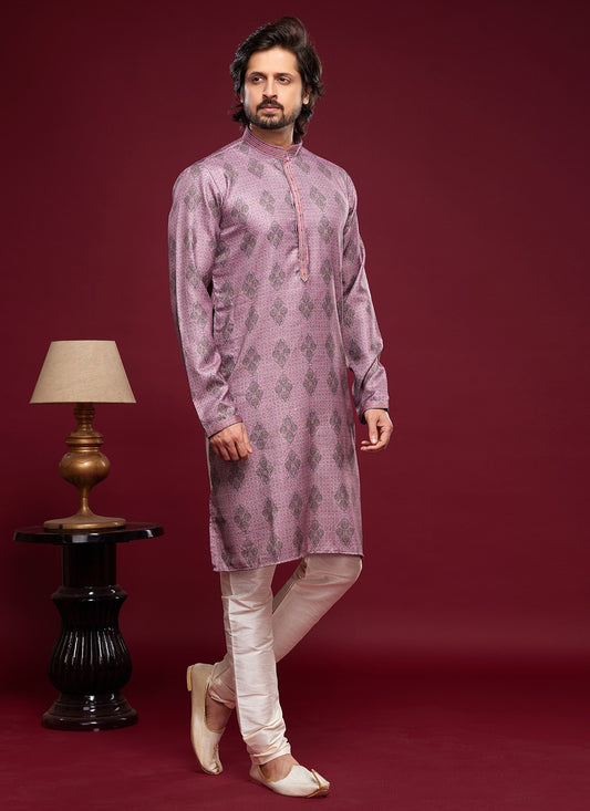 Digital Print Art Silk Lavender Kurta Pyjama - M6040