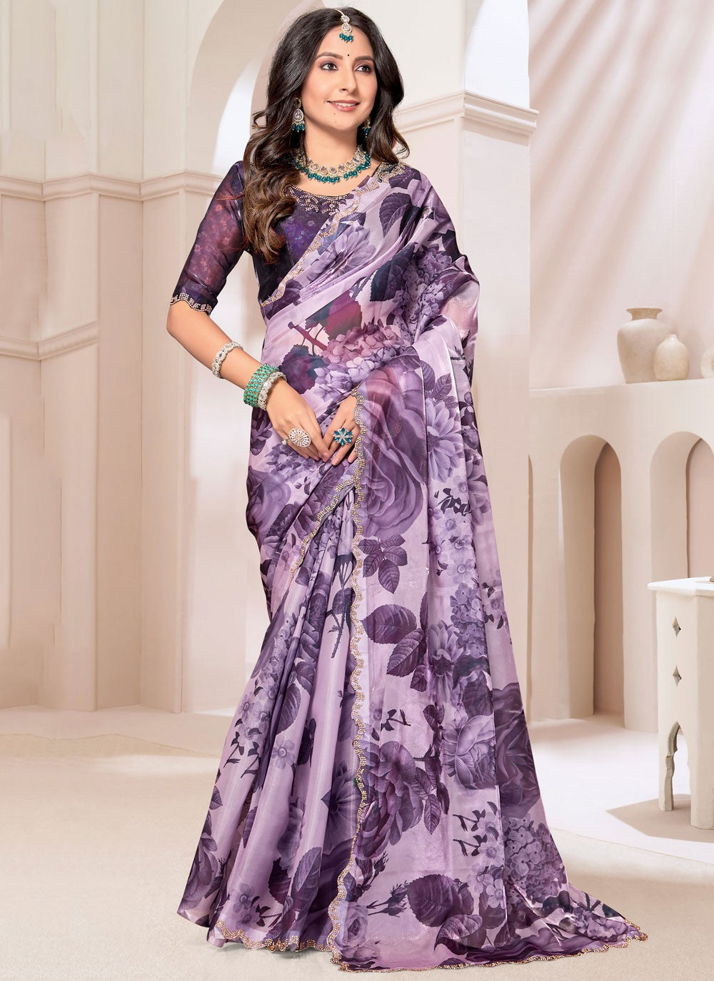 Trendy Cut Work Organza, Silk Aqua Blue Saree - S11267