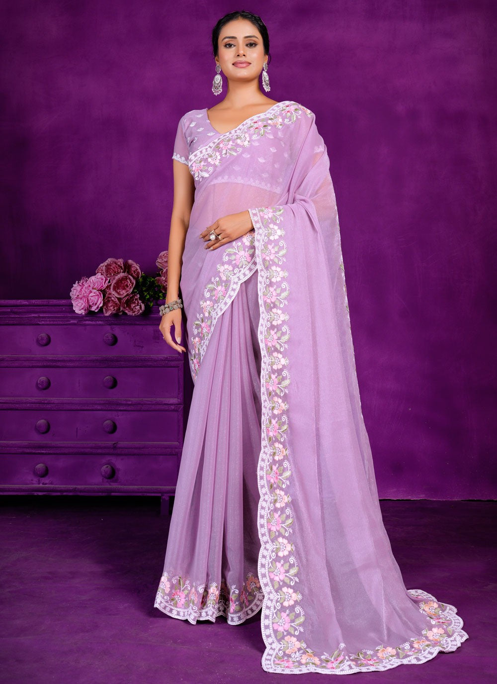 Trendy Embroidered Shimmer Saree - S5612