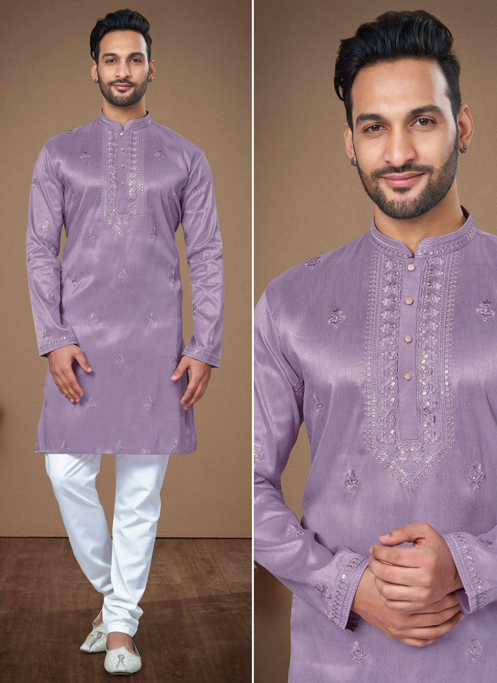 Embroidered Silk Lavender Kurta Pyjama - M7174