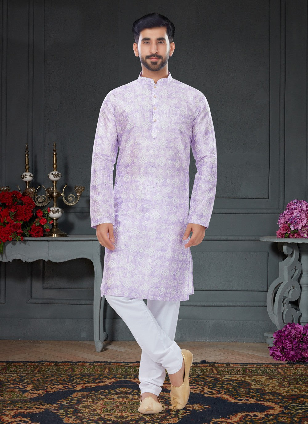 Digital Print Silk Lavender Kurta Pyjama - M4743