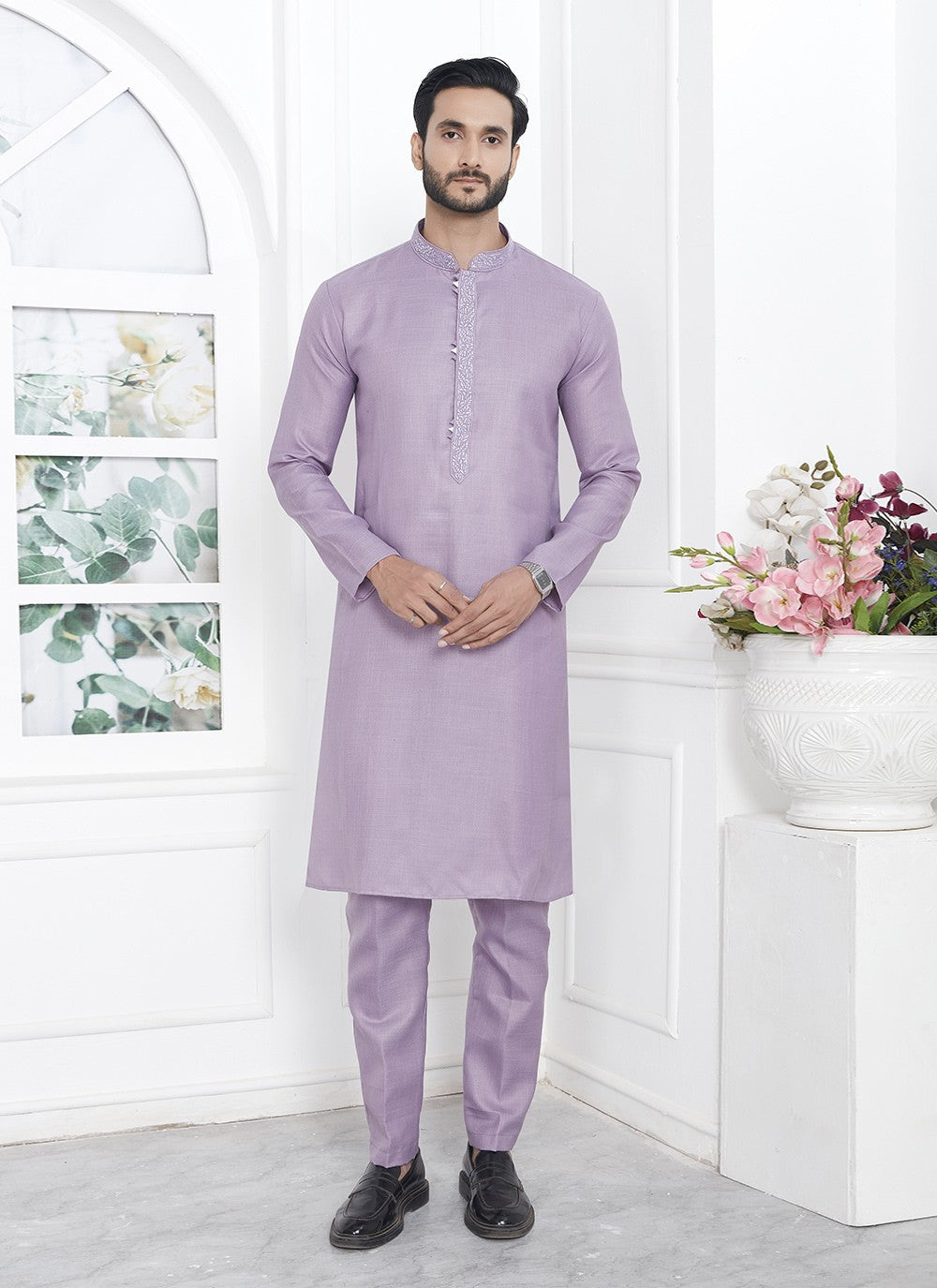 Fancy Work Cotton , Linen Lavender Kurta Pyjama - M7105