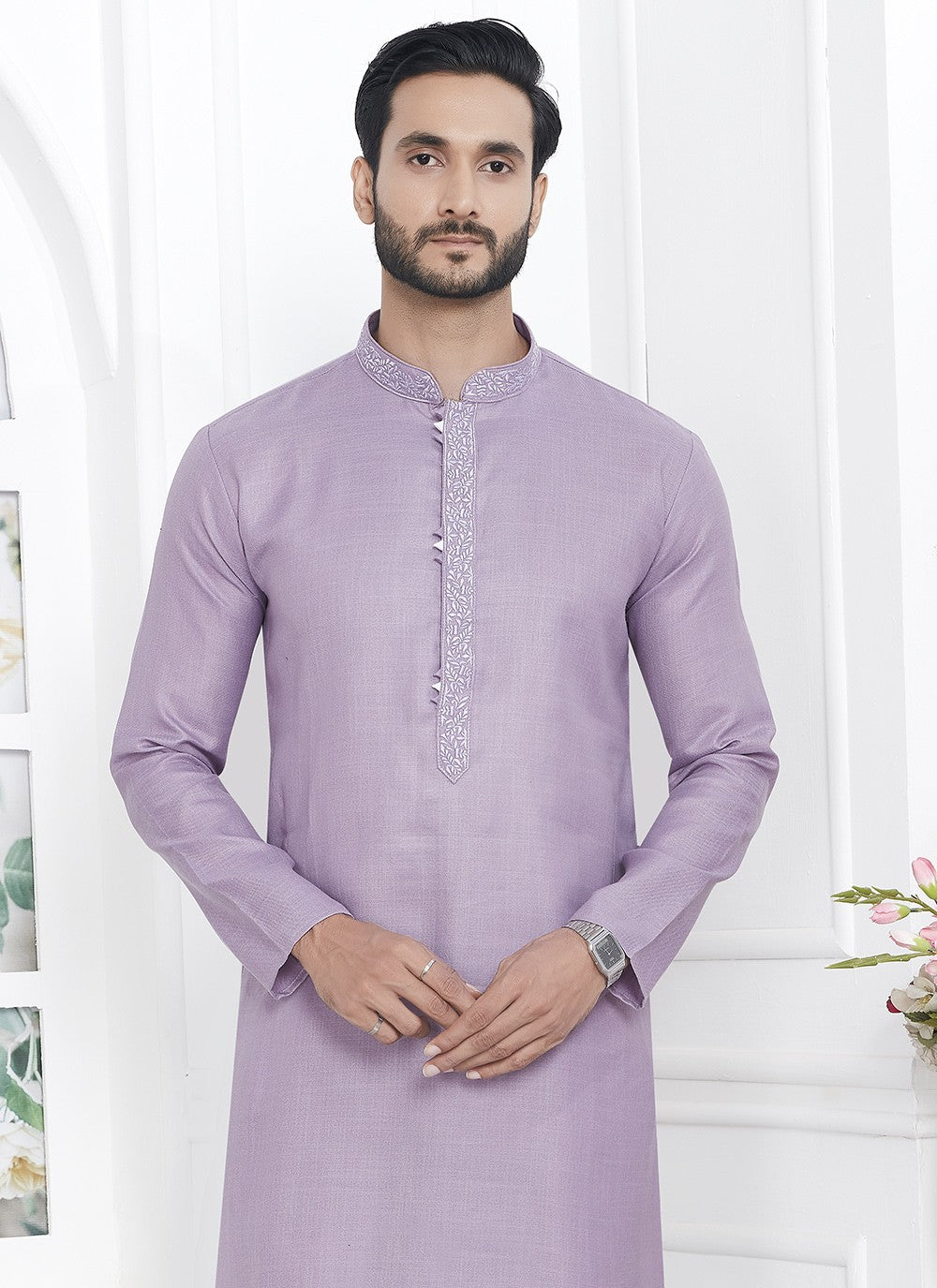 Fancy Work Cotton , Linen Lavender Kurta Pyjama - M7105