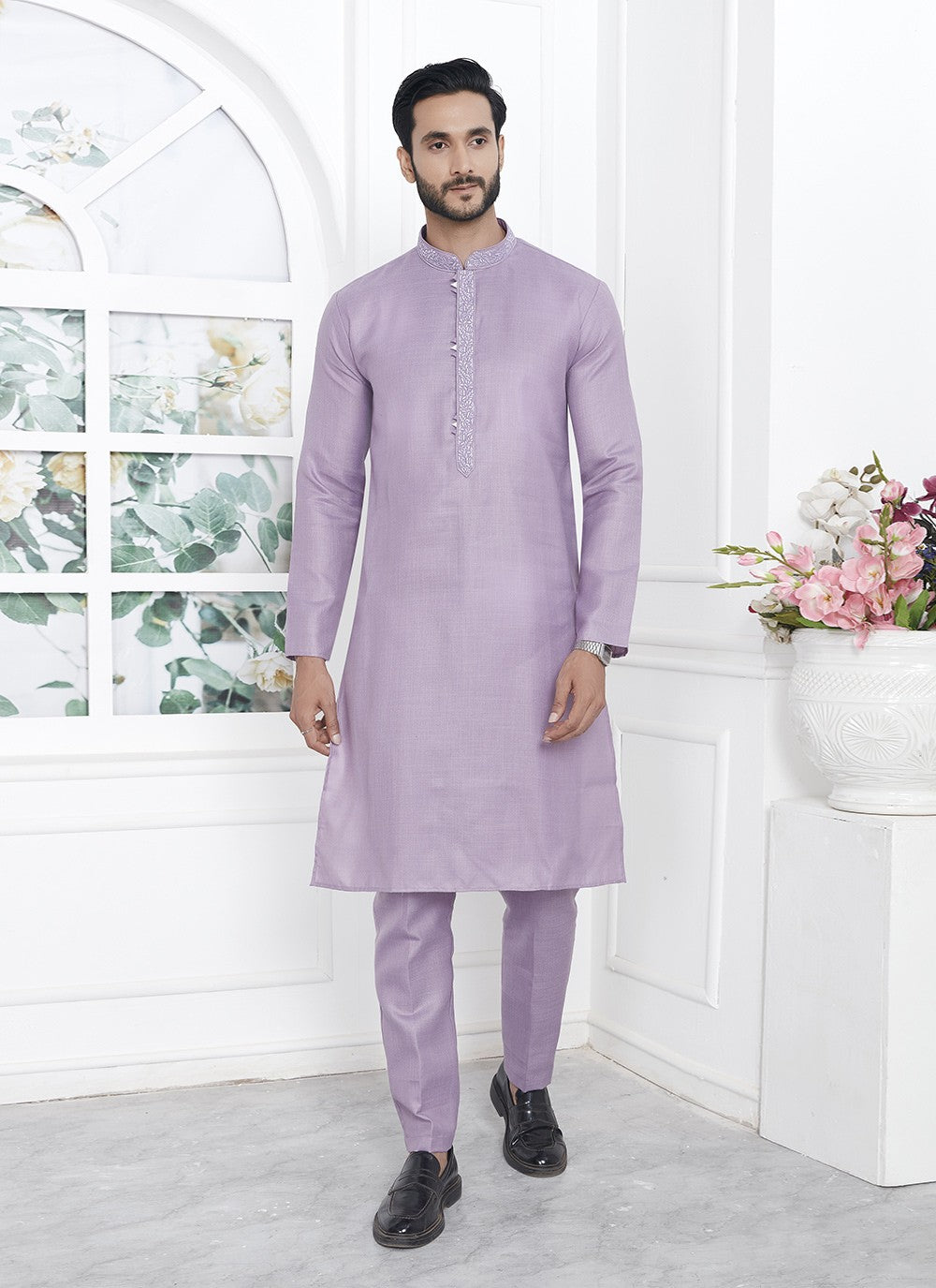 Fancy Work Cotton , Linen Lavender Kurta Pyjama - M7105