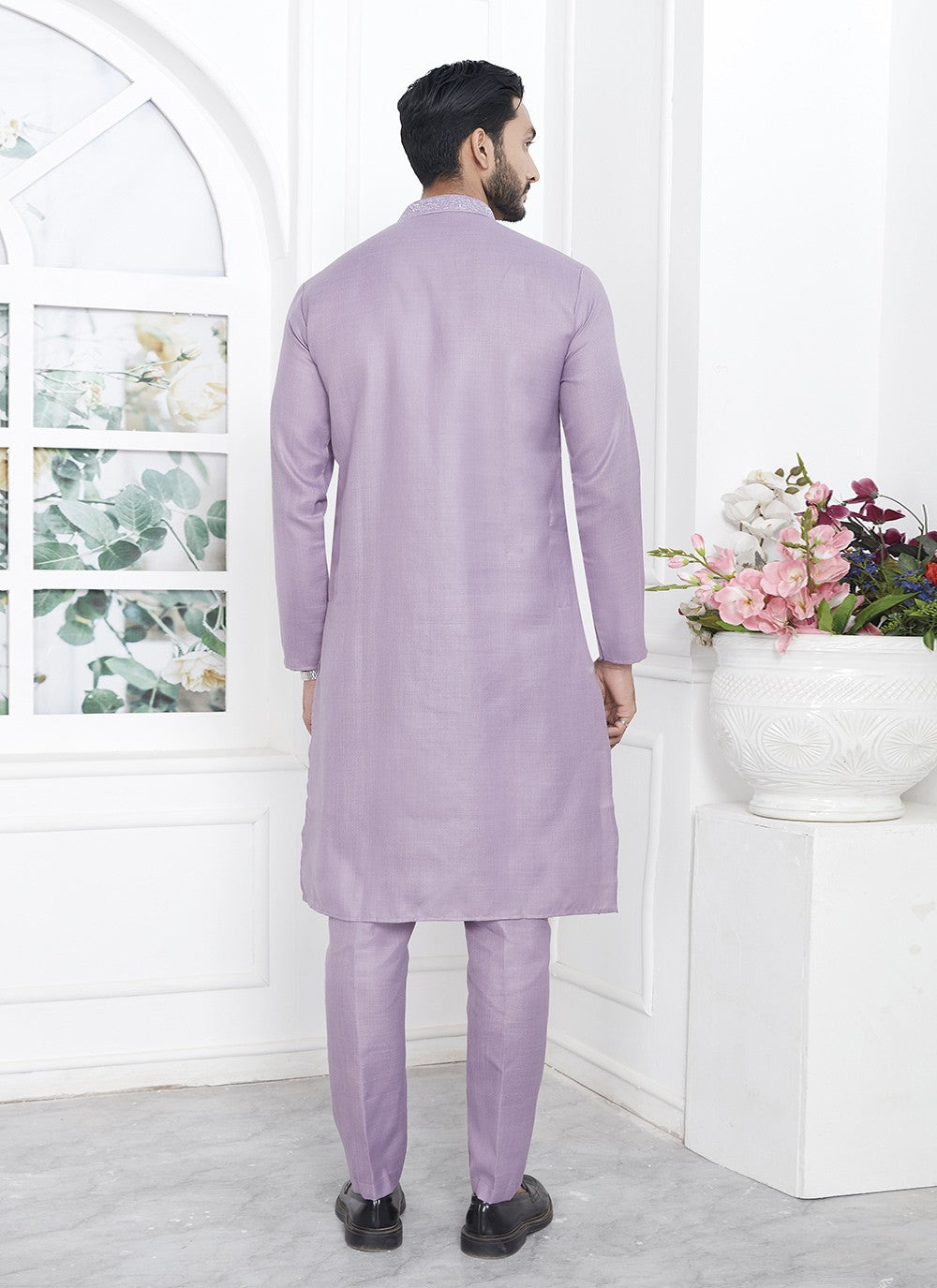 Fancy Work Cotton , Linen Lavender Kurta Pyjama - M7105