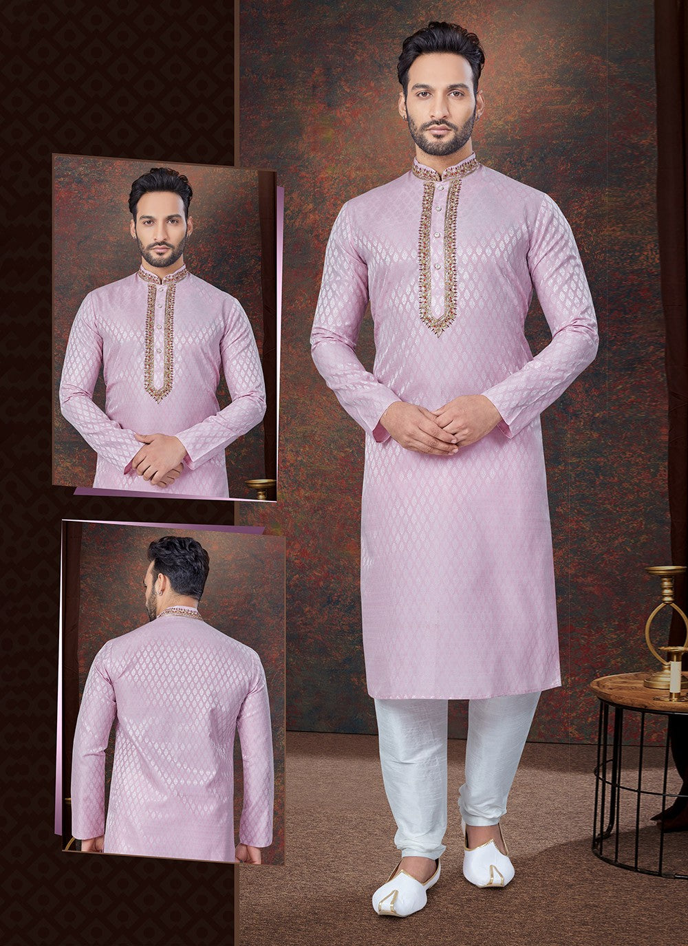 Machine Embroidery Jacquard Lavender Kurta Pyjama - M7596