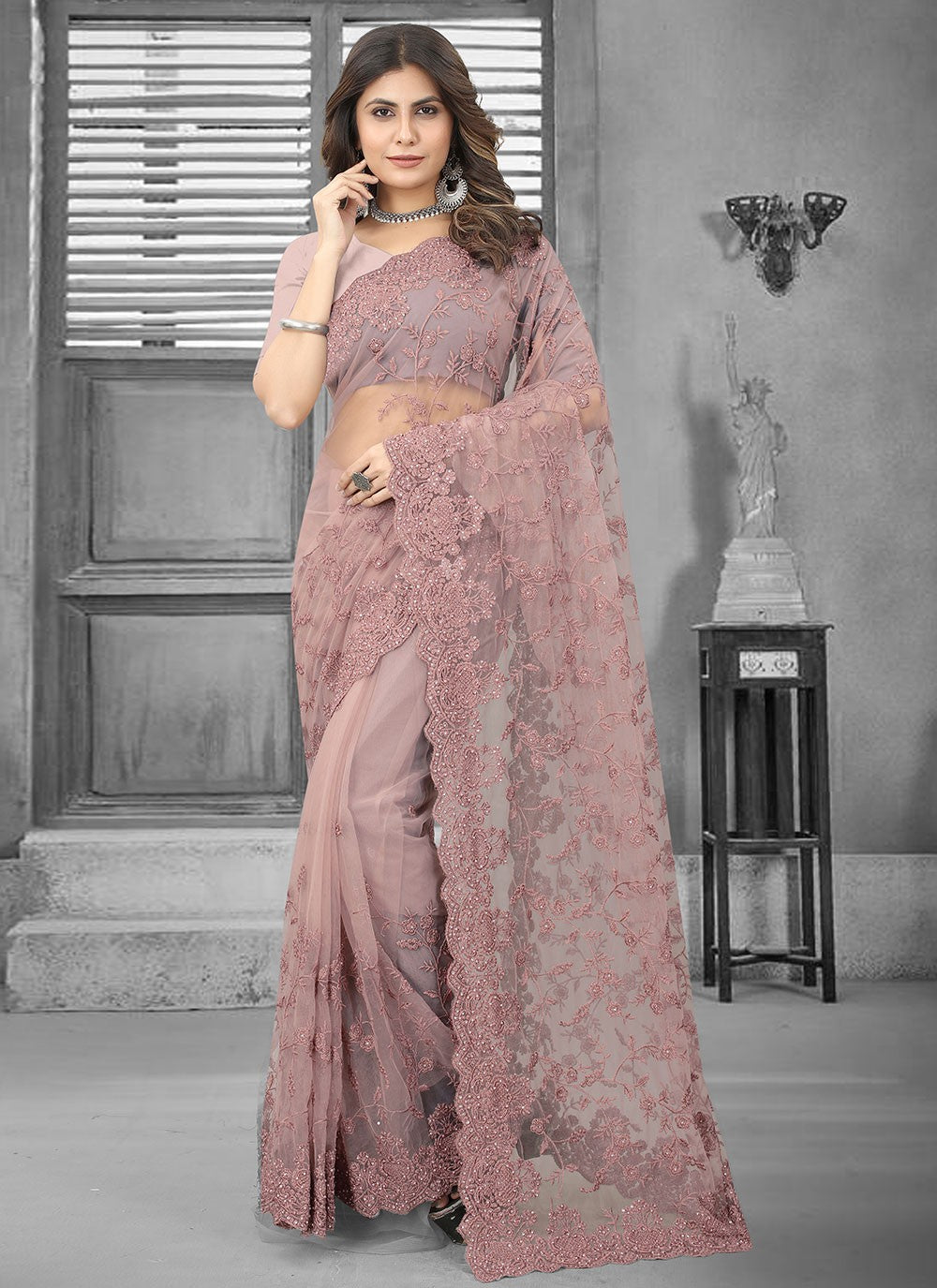 Classic Embroidered Net Saree - S3106