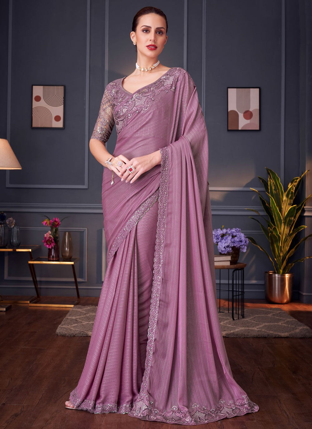 Classic Embroidered Satin Silk Saree - S8745