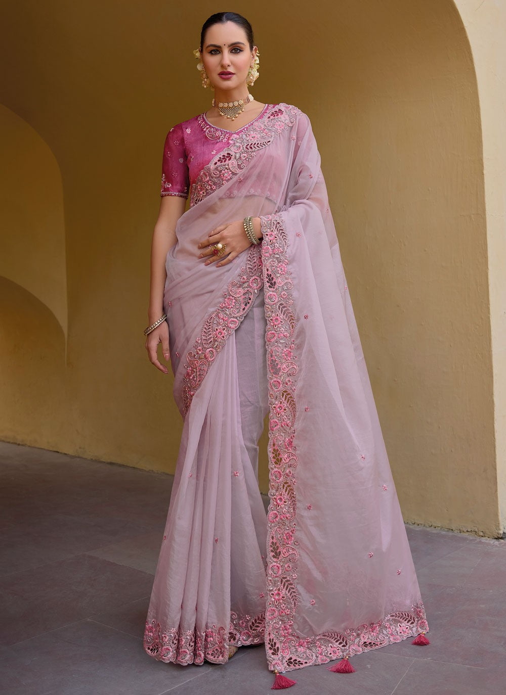 Trendy Cut Work Organza, Silk Saree - S5901