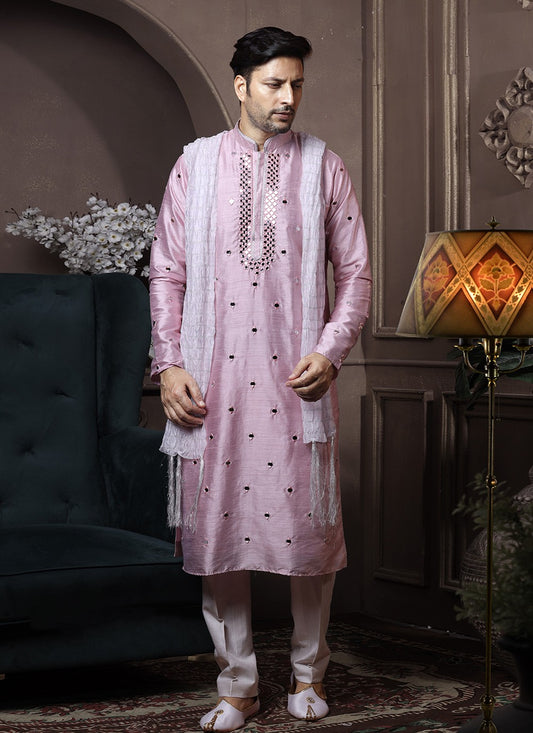 Embroidered Silk Lavender Kurta Pyjama - M3637