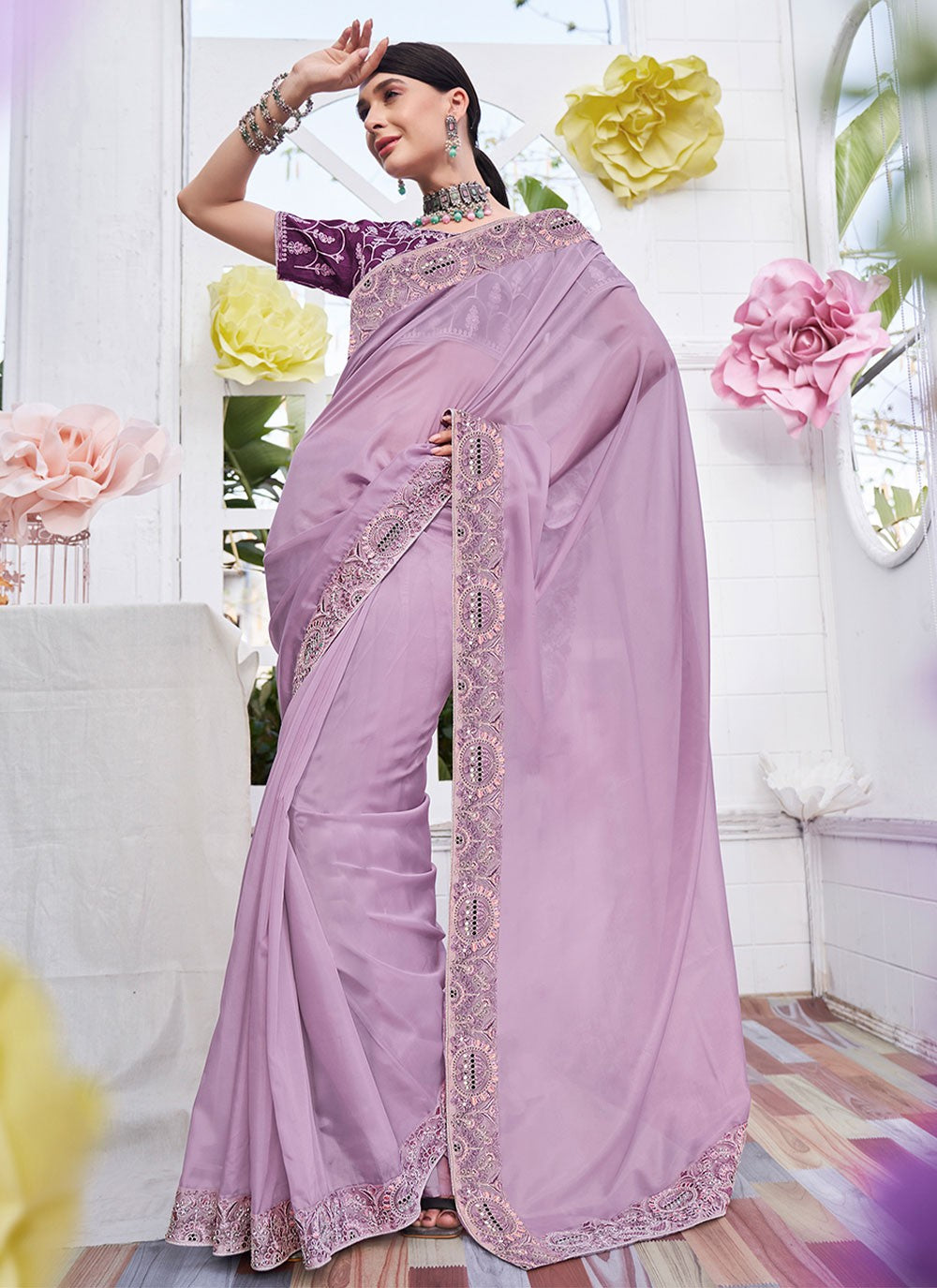 Trendy Embroidered Organza, Satin Saree - S2842