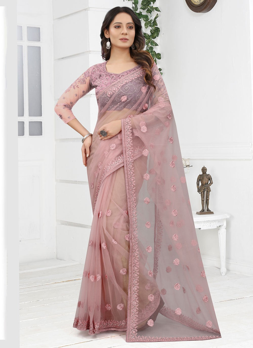 Classic Embroidered Net Saree - S3728