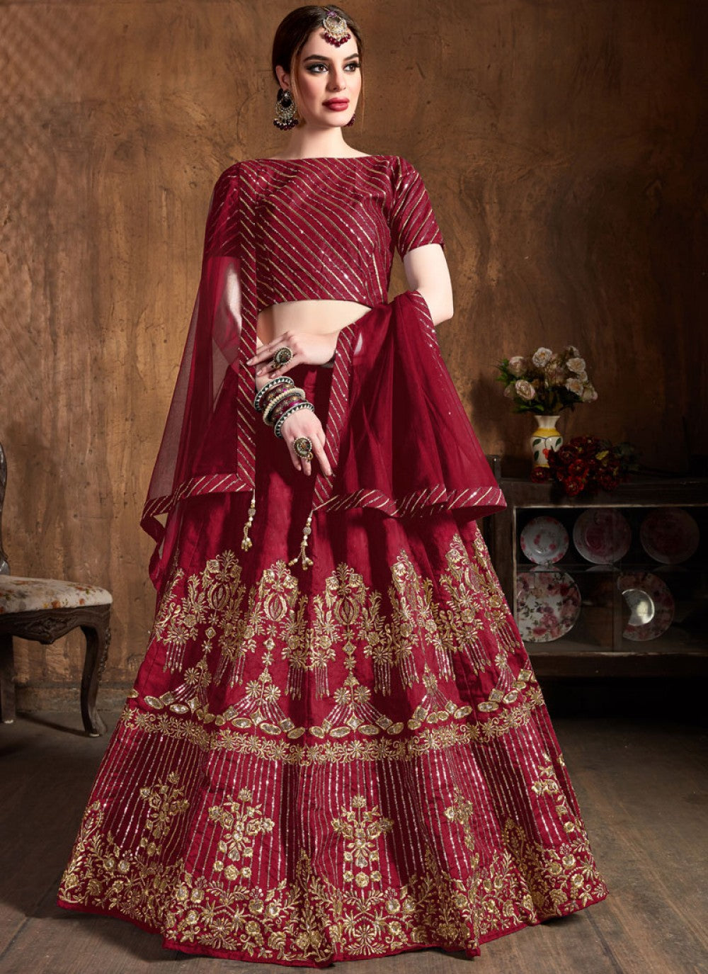 Embroidered Art Silk A - Line Lehenga - L0052