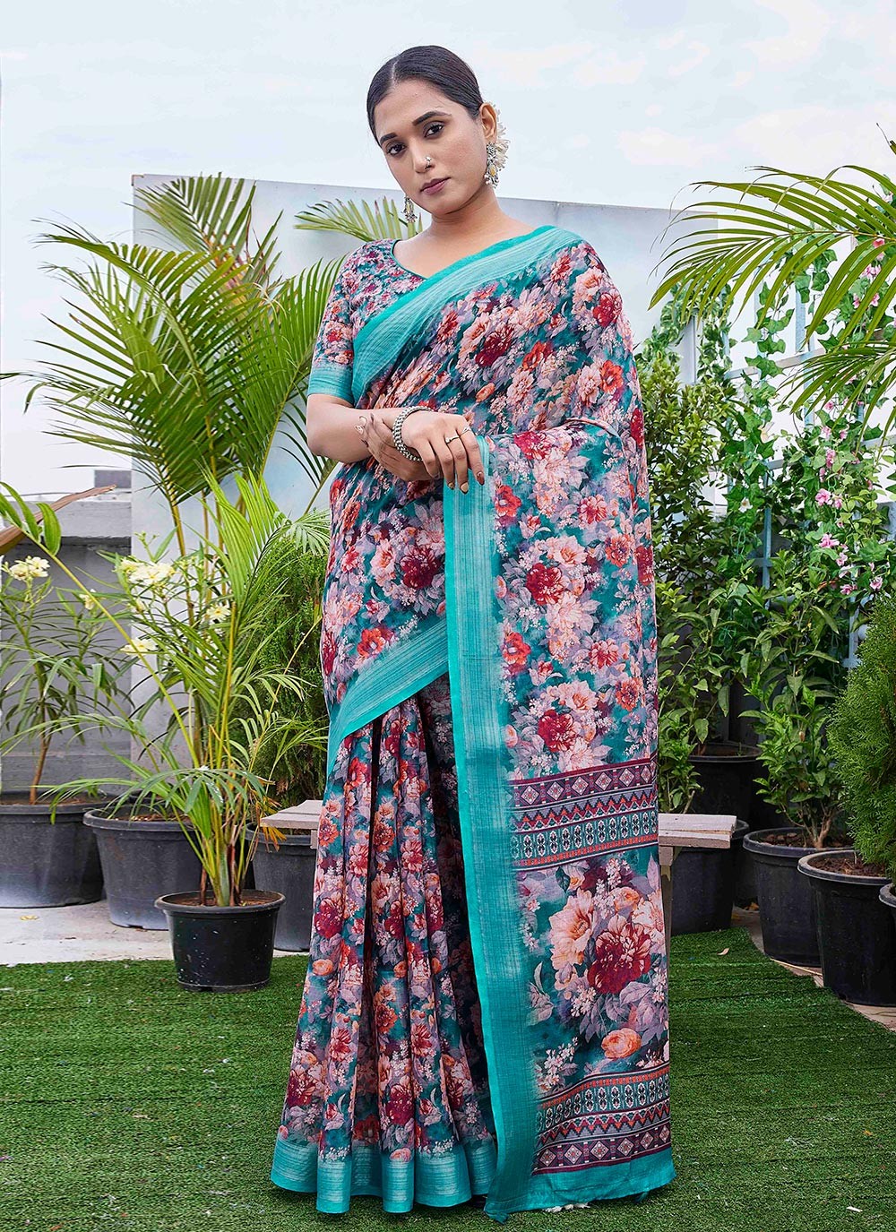 Contemporary Digital Print Linen Green Saree - S11017