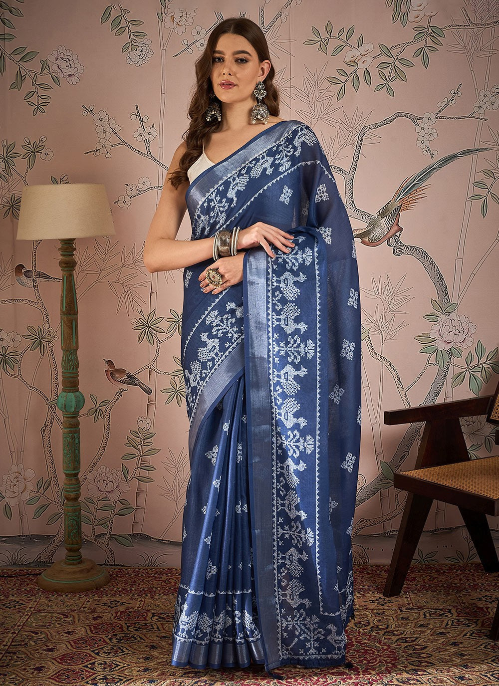 Classic Digital Print Linen Pink Saree - S10937