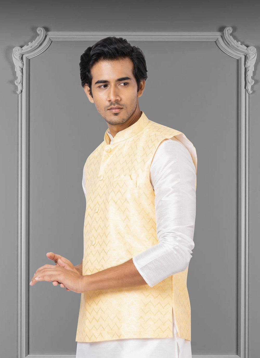 Embroidered Linen, Silk Yellow Nehru Jackets - M3810