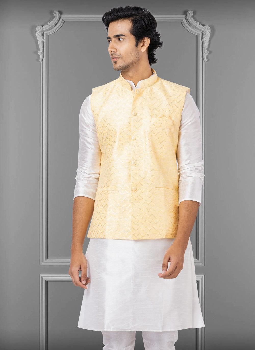 Embroidered Linen, Silk Yellow Nehru Jackets - M3810