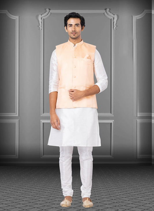 Fancy Work Dupion Silk, Linen Off White, Peach Kurta Payjama With Jacket - M3784