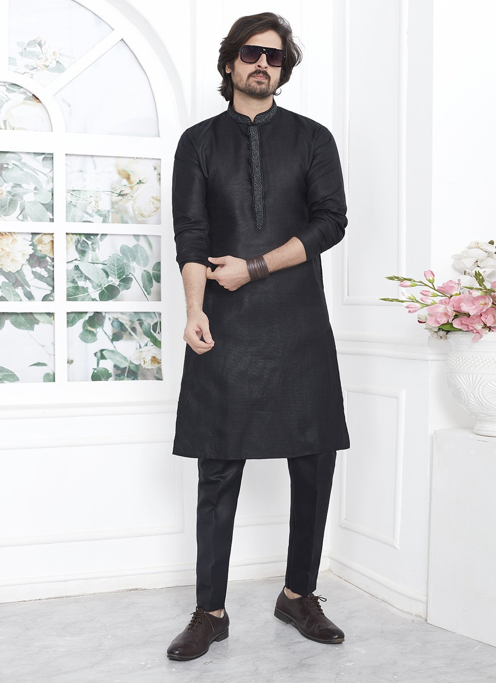 Fancy Work Cotton , Linen Black Kurta Pyjama - M7110