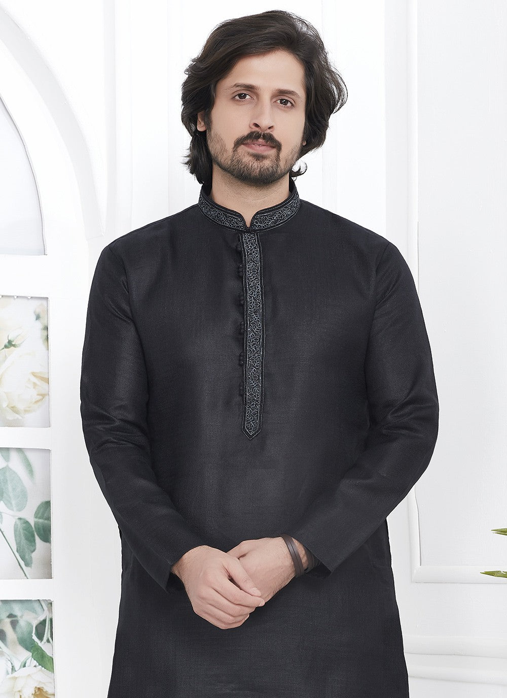 Fancy Work Cotton , Linen Black Kurta Pyjama - M7110