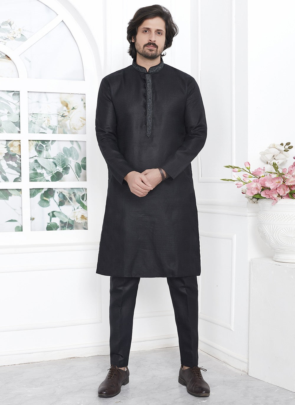 Fancy Work Cotton , Linen Black Kurta Pyjama - M7110