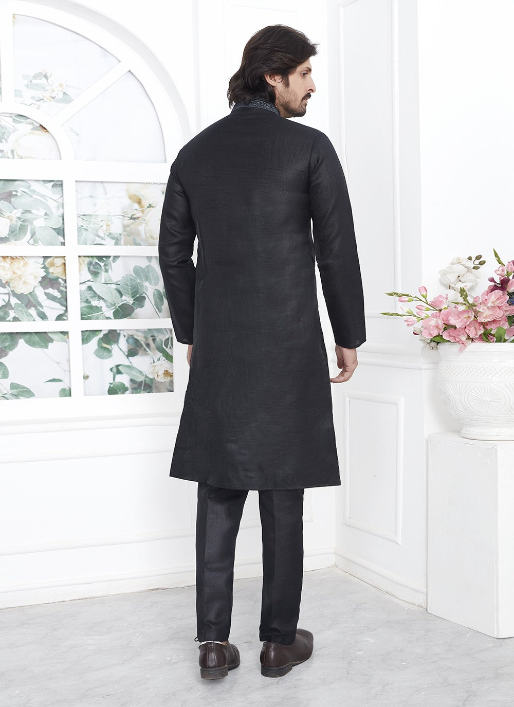 Fancy Work Cotton , Linen Black Kurta Pyjama - M7110