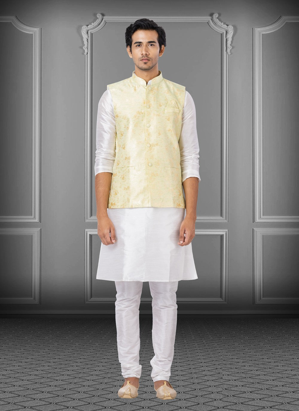 Fancy Work Dupion Silk, Linen Off White, Yellow Kurta Payjama With Jacket - M3777