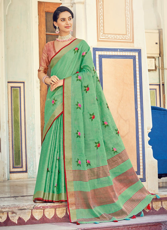 Classic Embroidered Linen Saree - S1523