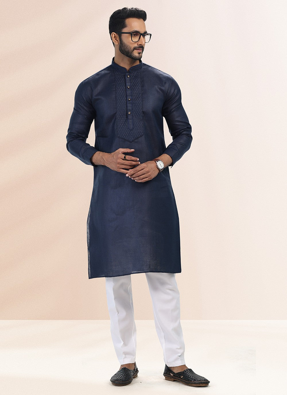 Plain Cotton , Linen Blue Kurta Pyjama - M4904