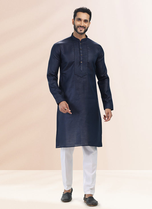 Plain Cotton , Linen Blue Kurta Pyjama - M4904